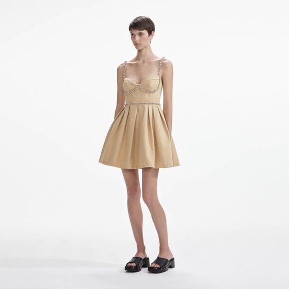 NWT SELF PORTRAIT BEIGE DIAMANTE DENIM MINI DRESS $495 - Picture 2 of 12